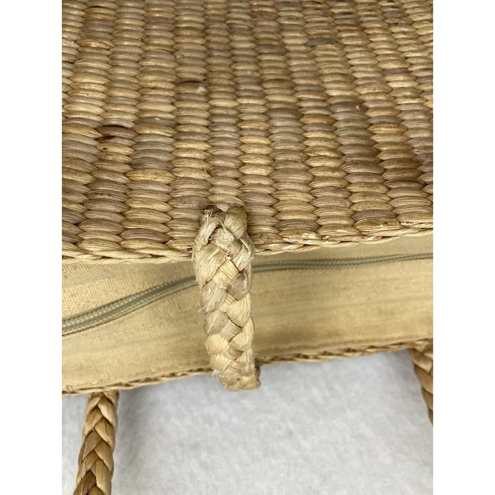 Vintage Handwoven Straw Wicker Purse Market Tote Bag Wooden Rattan Boho Beach